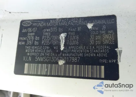 2007 Hyundai Santa Fe Gls from USA, damaged, VIN 5NMSG13D67H117987